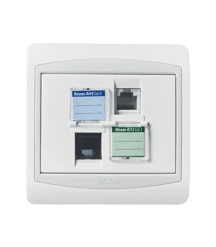 Double prise RJ45 CAT.6 + Prise RJ12 CAT.3 + obturateurs
