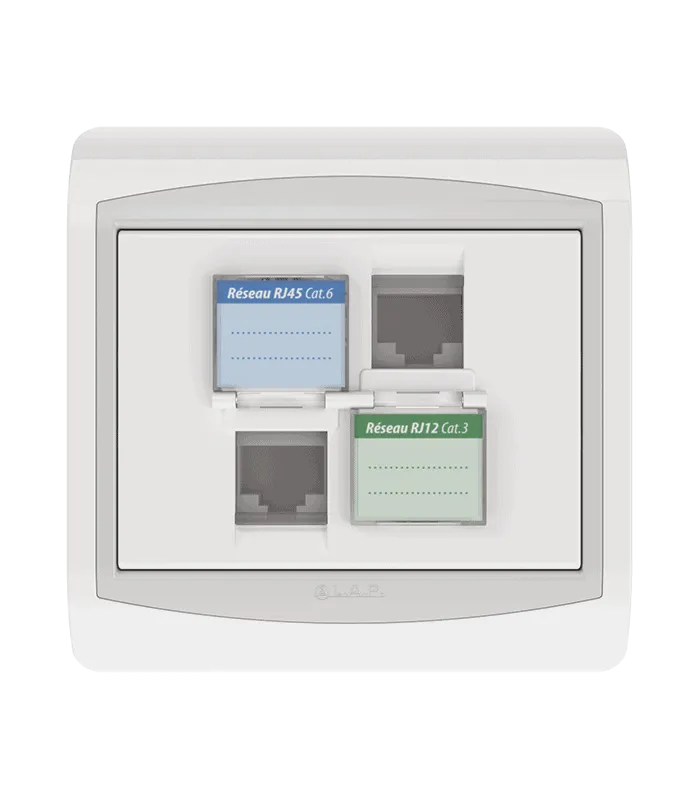 Double prise RJ45 CAT.6 + Prise RJ12 CAT.3 + obturateurs