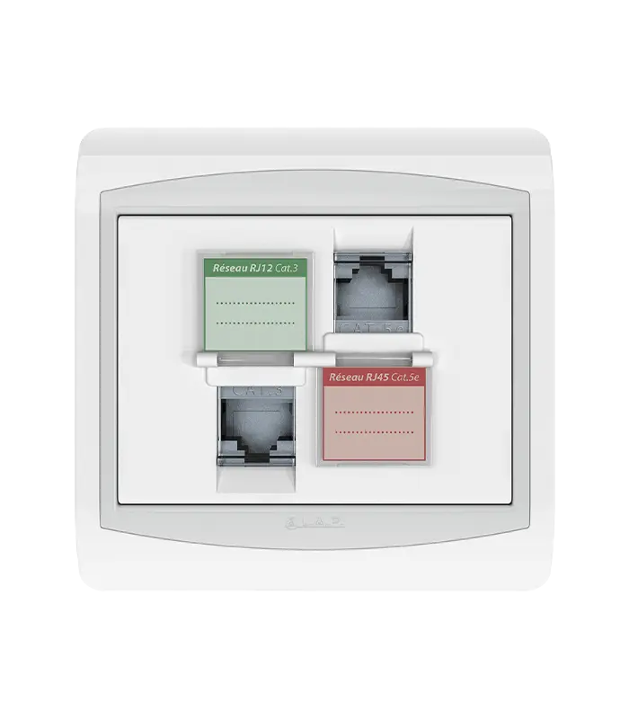 Prise mixte RJ45 CAT.5e + Prise RJ12 CAT.3 + obturateurs