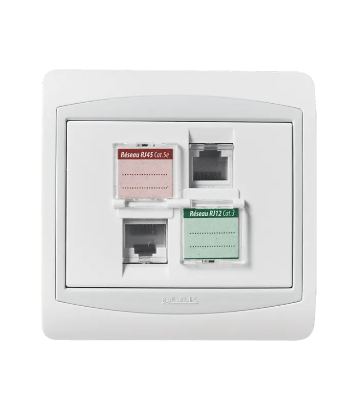 Prise mixte RJ45 CAT.5e + Prise RJ12 CAT.3 + obturateurs